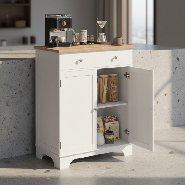 HOMCOM Kitchen Floor Cabinet Side Storage Cupboard Multi-use Sideboard Table with Solid Wood Top