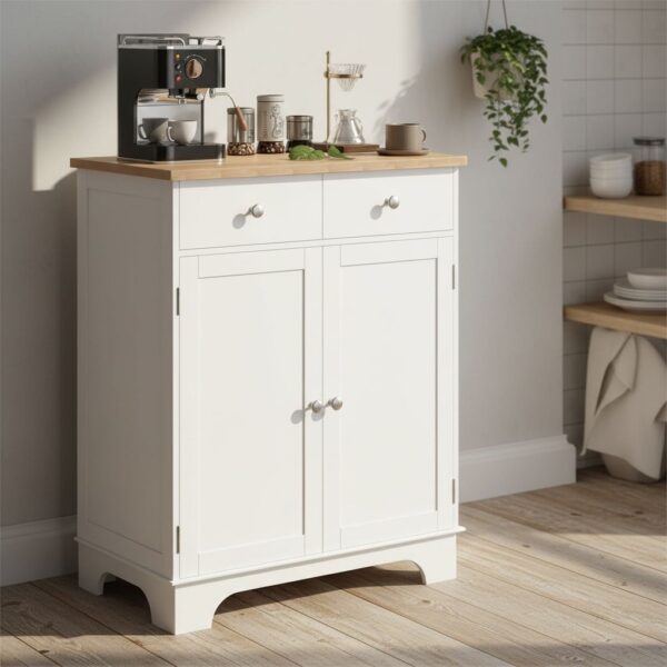 HOMCOM Kitchen Floor Cabinet Side Storage Cupboard Multi-use Sideboard Table with Solid Wood Top