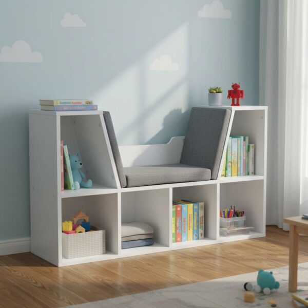 HOMCOM Bookcase Storage Shelf with Cushioned Reading Seat