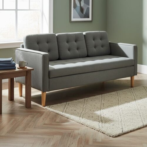 HOMCOM Modern 3-Seater Sofa Button-Tufted Fabric Couch with Storage Chest Rubberwood Legs