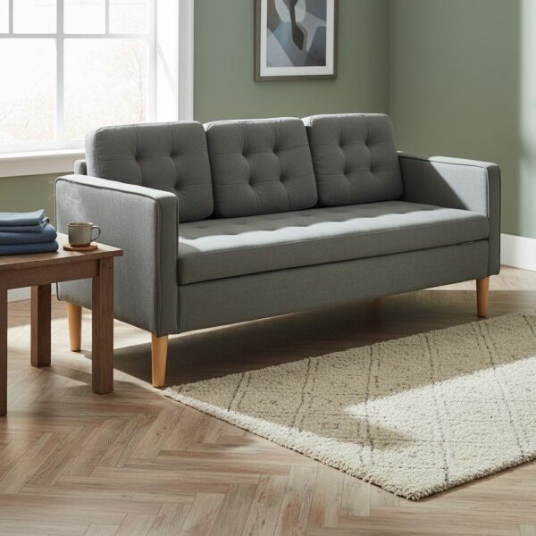 HOMCOM Modern 3-Seater Sofa Button-Tufted Fabric Couch with Storage Chest Rubberwood Legs