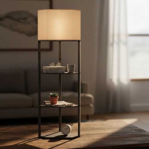Overview of HOMCOM Corner Floor Lamp with Shelves HOMCOM Corner Floor Lamp with Shelves