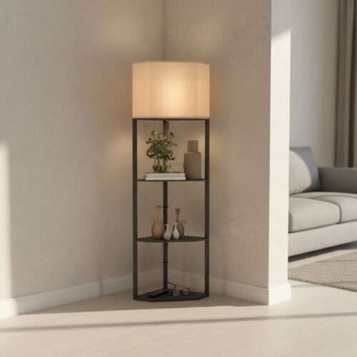 HOMCOM Corner Floor Lamp With Shelves