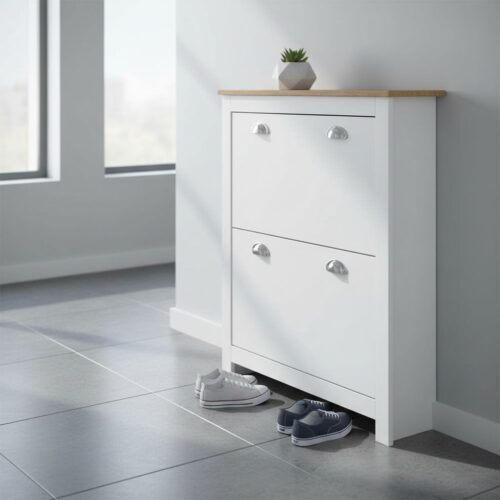 HOMCOM 2 Drawer Shoe Cabinet Modern Narrow Shoe Cupboard Hallway Wooden Storage Organiser